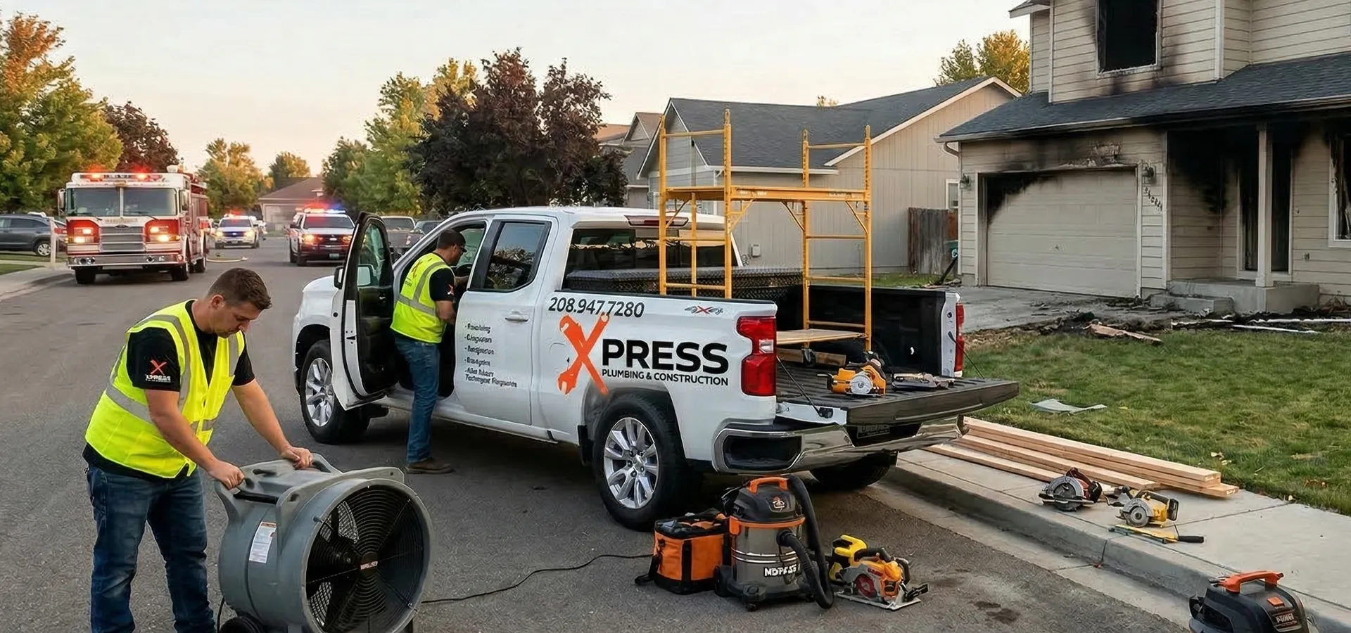 Fire damage restoration crew assessing a fire-damaged property