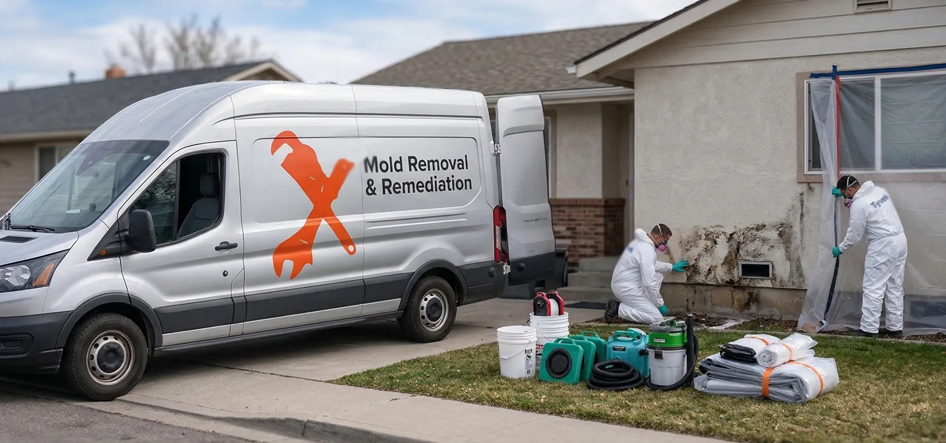 Professional mold remediation technician performing inspection